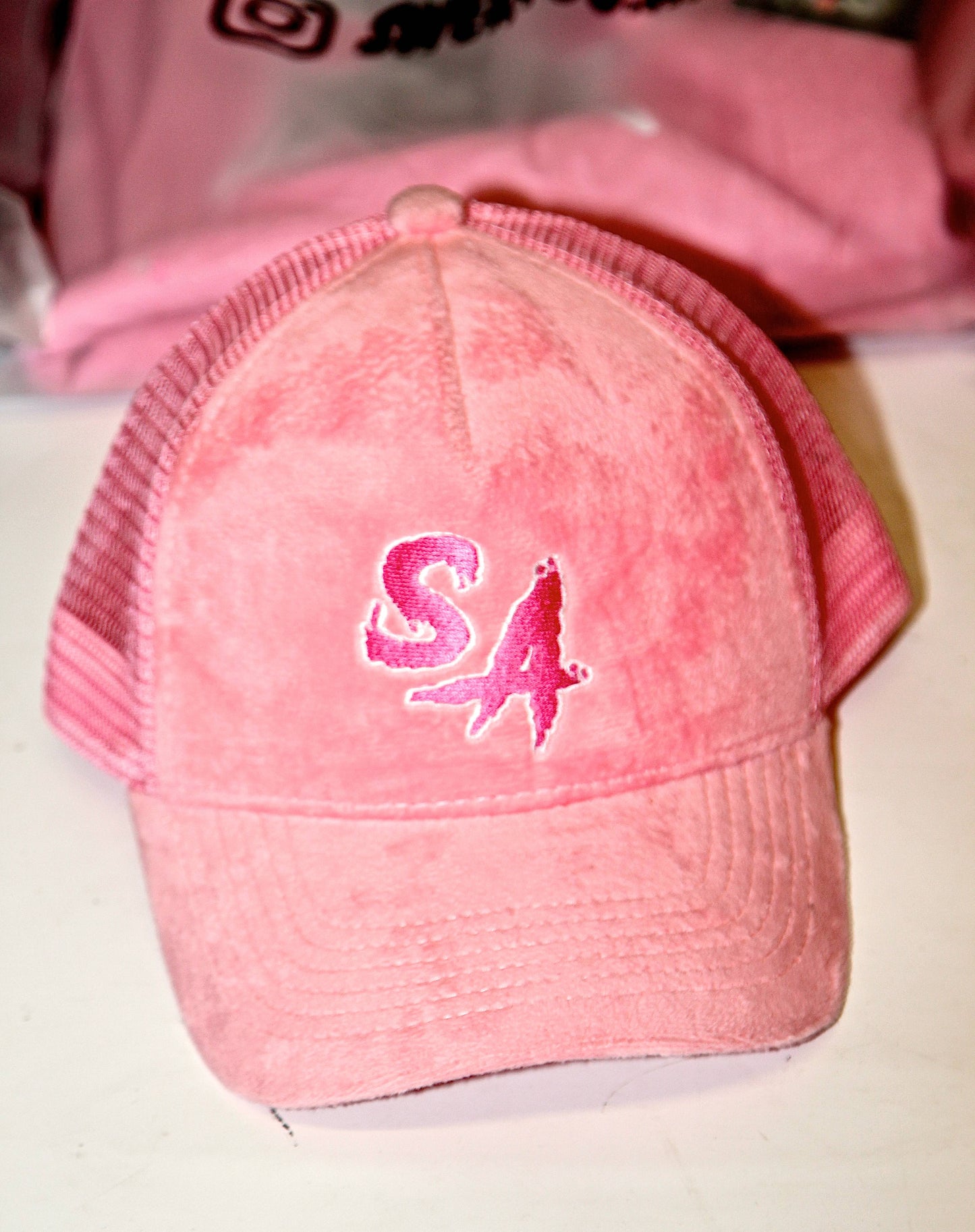 Bubble gum velvet trucker hat