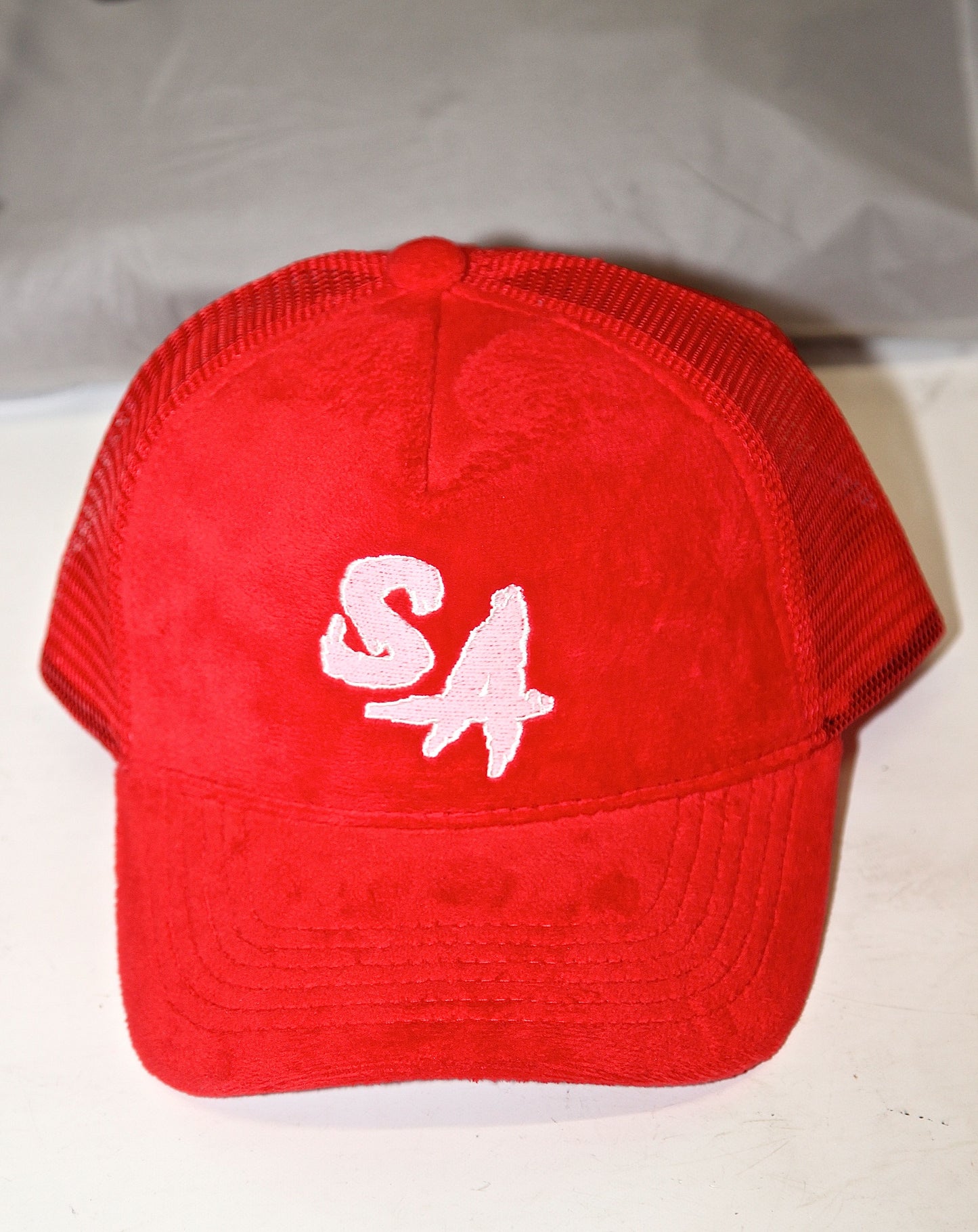 Red velvet trucker hat