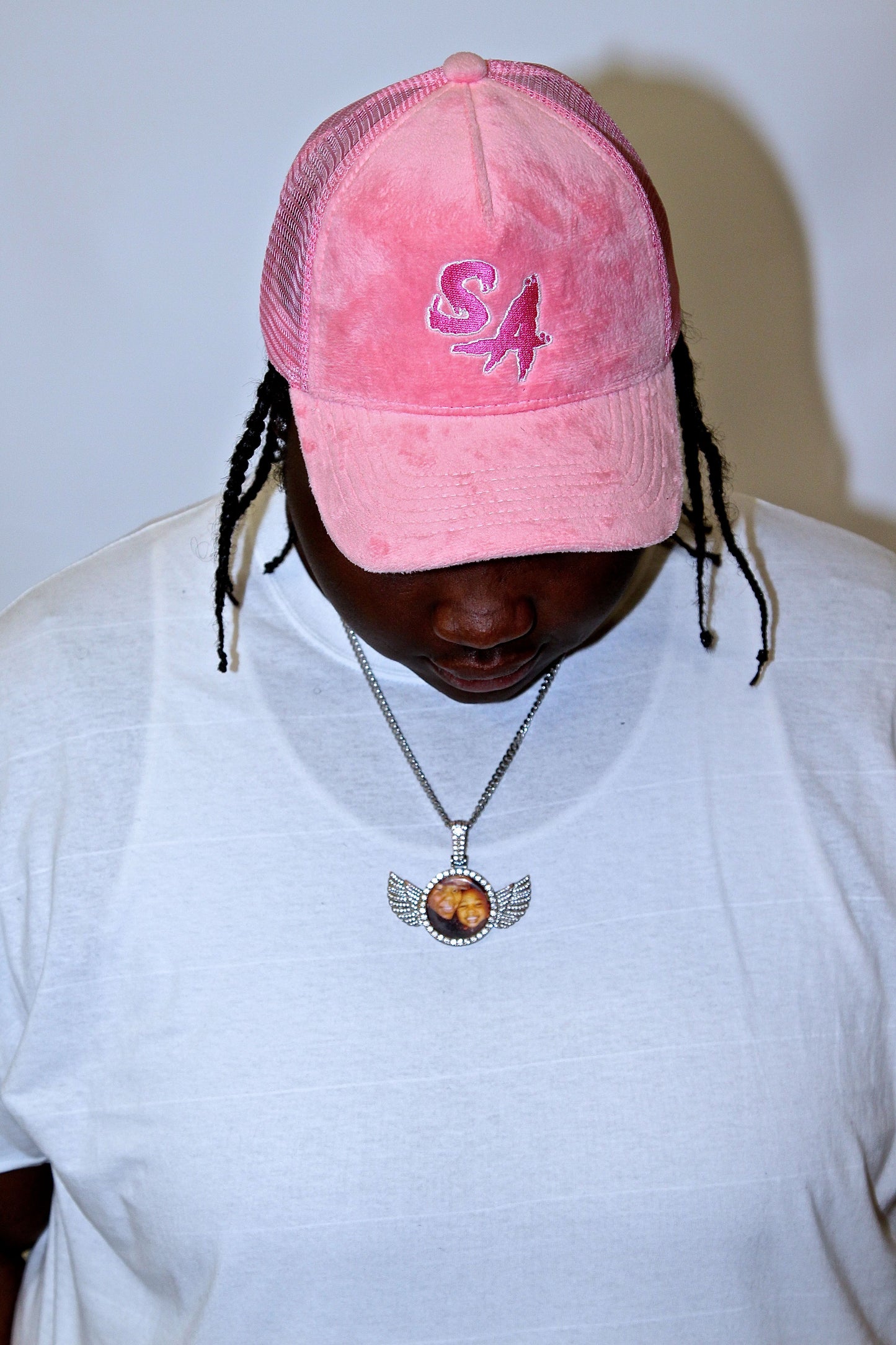 Bubble gum velvet trucker hat